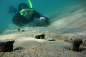 Alexis diving near the Noquebay wreck, Stockton Island, Apostle Islands National Lakeshore, WI.